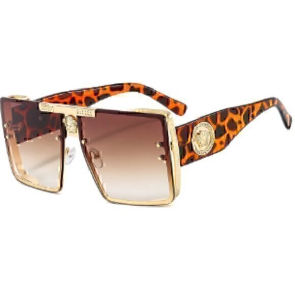 Sunglasses Luxury Retro Large Square  Brown Leopard Gold Frame - Picture 1 of 9